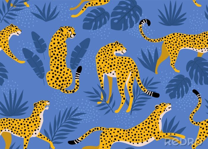 Behang Leopard pattern with tropical leaves. Vector seamless texture.
