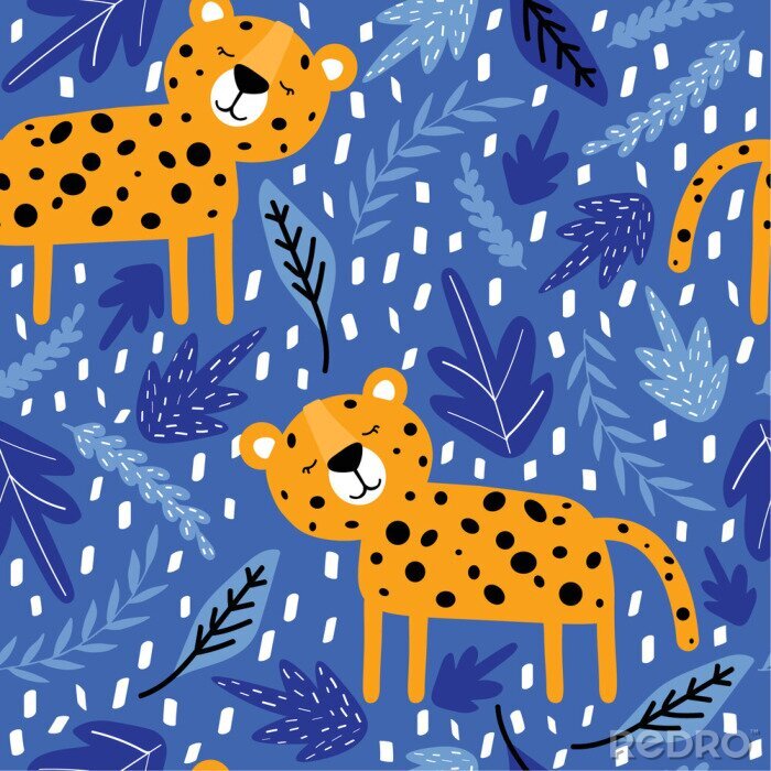 Behang Leopards, leaves, hand drawn backdrop. Colorful seamless pattern with animals. Decorative cute wallpaper, good for printing. Overlapping background vector. Design illustration
