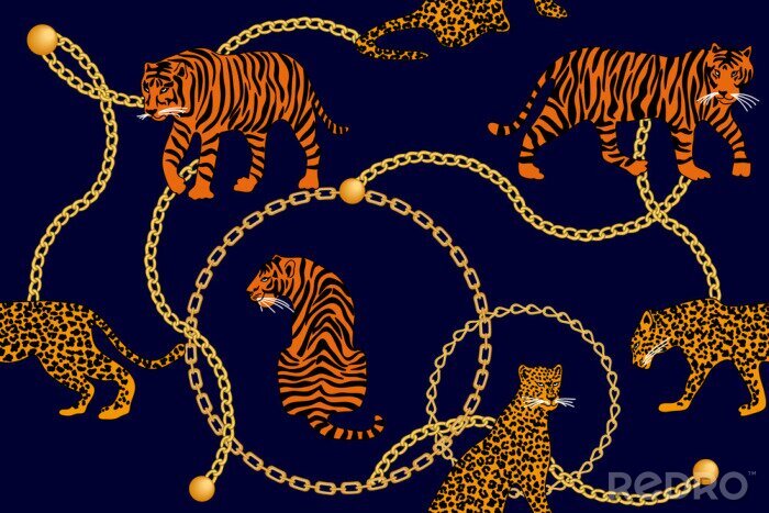 Behang Leopards, tiger and golden chains. 