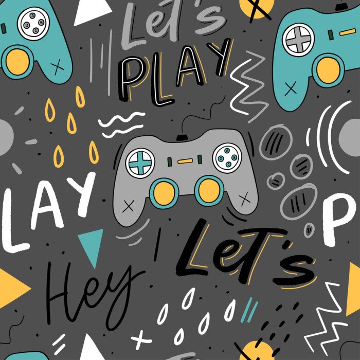 Behang Let's play kids seamless pattern with joystick for print, textile, wallpaper. Modern illustration with hand lettering background.