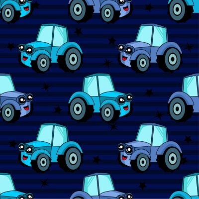 Leuk kinderwagenpatroon voor meisjes en jongens. De kleurrijke auto, tractor op de abstracte achtergrond leidt tot een tekening van het pretbeeldverhaal. Het autopatroon wordt gemaakt in neonkleuren. 