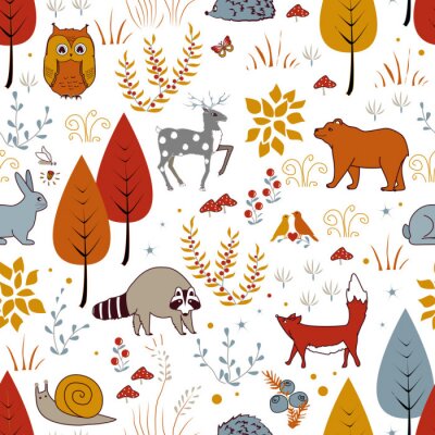 Behang Leuk vector naadloos patroon met bosplanten, vogels, beer, herten, wasbeer en vos. Kinder herfst achtergrond