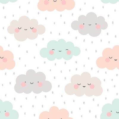 Behang Leuke Cartoon Face Cloud Seamless Pattern Achtergrond met Dot, Vectorillustratie