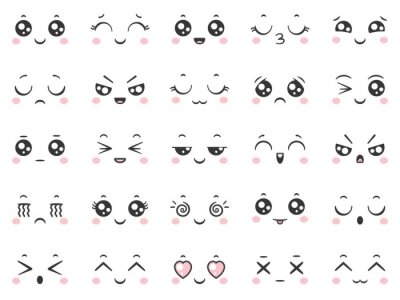 Leuke doodle emoticons met gezichtsuitdrukkingen. Japanse anime stijl emotie gezichten en kawaii emoji iconen vector set