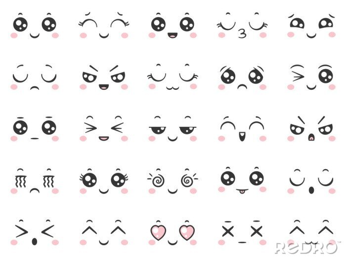 Behang Leuke doodle emoticons met gezichtsuitdrukkingen. Japanse anime stijl emotie gezichten en kawaii emoji iconen vector set