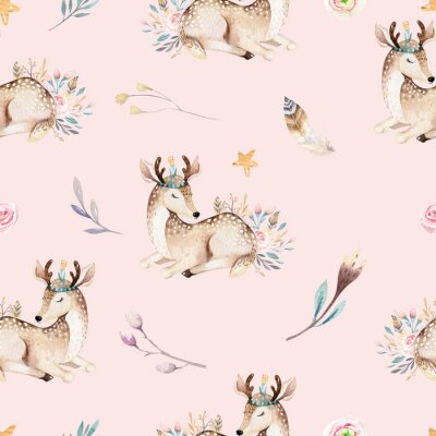 Behang Leuke familie baby raccon, hert en konijn. dierlijke kinderdagverblijfgiraf, en beer geïsoleerde illustratie. Aquarel boho raccon tekening kwekerij naadloze patroon. Kinderen achtergrond, kinderkamer 