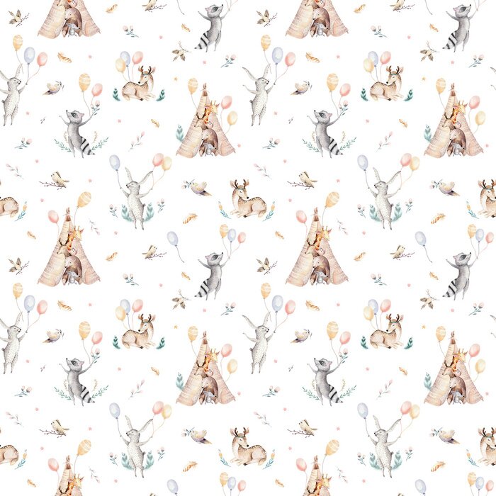 Behang Leuke familie baby raccon, hert en konijn. dierlijke kinderdagverblijfgiraf, en beer geïsoleerde illustratie. Aquarel boho raccon tekening kwekerij naadloze patroon. Kinderen achtergrond, kinderkamer 