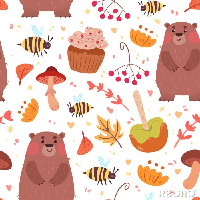 Behang Leuke herfst naadloze patroon met eten en beer