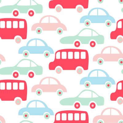 Behang Leuke kleurrijke bussen en auto's naadloze patroon behang.