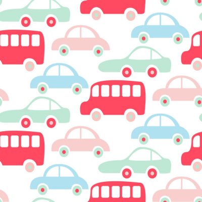 Behang Leuke kleurrijke bussen en auto's naadloze patroon behang.