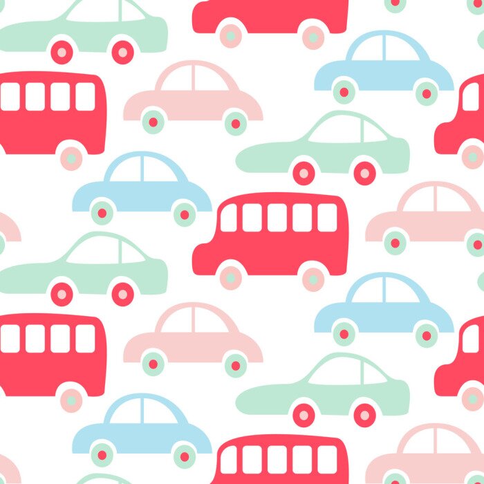 Behang Leuke kleurrijke bussen en auto's naadloze patroon behang.