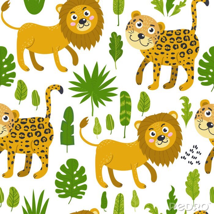 Behang Leuke leeuwen en luipaarden tussen groene bladeren