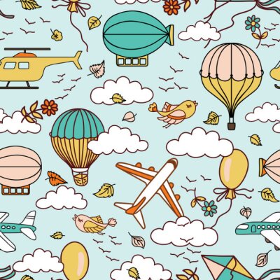 Behang Leuke lucht naadloos patroon met hete lucht ballonnen, vogels en wolken