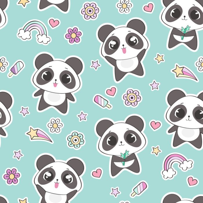 Behang Leuke panda's en bloemen