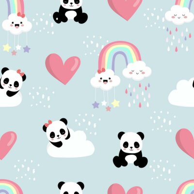 Behang Leuke panda's in de wolken tussen de harten
