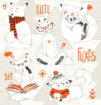 Behang Leuke Vossen set, doodle schets collectie, grappige cartoon dieren in caps, truien en scarfs.Little Fox omarmt uil. Het ontwerp van Kerstmis, winter pattern.Hand getrokken vector illustratie, decorati