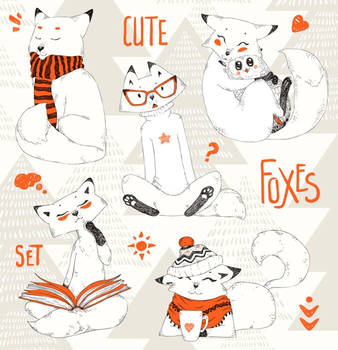 Behang Leuke Vossen set, doodle schets collectie, grappige cartoon dieren in caps, truien en scarfs.Little Fox omarmt uil. Het ontwerp van Kerstmis, winter pattern.Hand getrokken vector illustratie, decorati