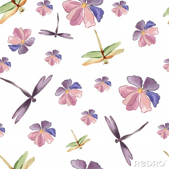 Behang Libellen tussen bloemen
