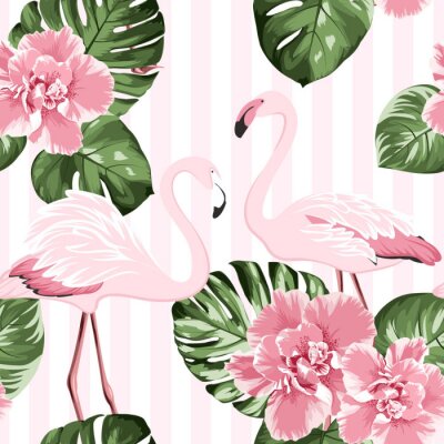 Lichtroze flamingo's en monstera bladeren