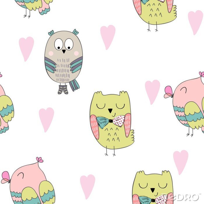 Behang Lieve uilen met hartjes