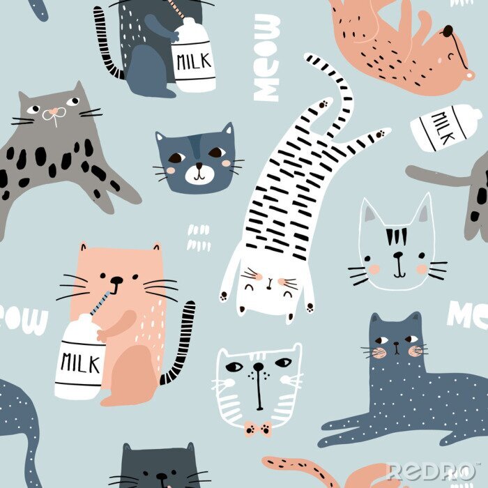 Behang Liggende en zittende katten met flessen melk