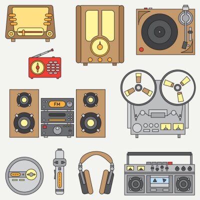 Behang Line flat vector icon set met retro elektrische audio-apparaten. Analoge uitzending. Muziekfan. Cartoon stijl. Nostalgia muzikale apparatuur. Vector illustratie en element voor uw ontwerp. Communicati