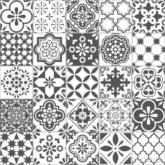Behang Lisbon geometric Azulejo tile vector pattern, Portuguese or Spanish retro old tiles mosaic, Mediterranean seamless gray and white design 	