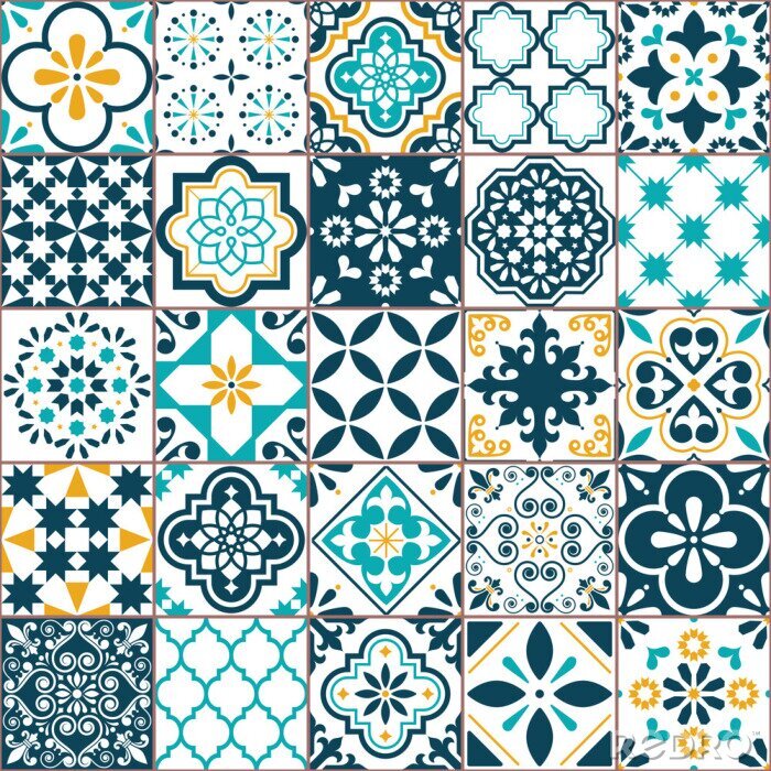Behang Lisbon geometric Azulejo tile vector pattern, Portuguese or Spanish retro old tiles mosaic, Mediterranean seamless turquoise and yellow design