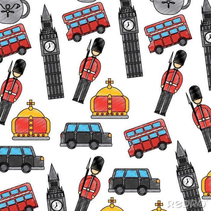 Behang Londen en Verenigd Koninkrijk stad soldaat kroon taxi bus grote ben iconen vector