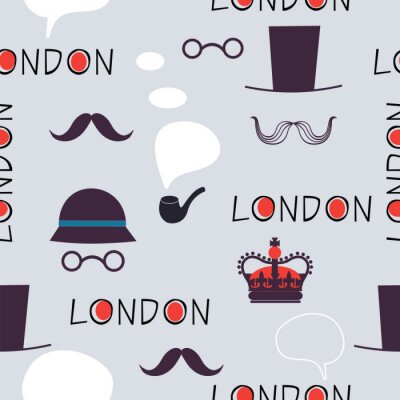 Behang Londen patroon met hoeden en snorren