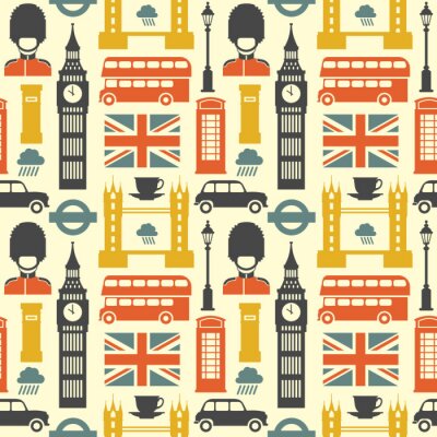 Behang Londen patroon. Vector kleurrijk naadloos patroon met de symbolen van Londen, zoals de Big Ben, de rode bus, de cabine en de Britse vlag in in vlakke stijl. Geïsoleerd op wit.