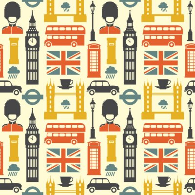 Behang Londen patroon. Vector kleurrijk naadloos patroon met de symbolen van Londen, zoals de Big Ben, de rode bus, de cabine en de Britse vlag in in vlakke stijl. Geïsoleerd op wit.