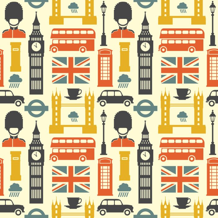 Behang Londen patroon. Vector kleurrijk naadloos patroon met de symbolen van Londen, zoals de Big Ben, de rode bus, de cabine en de Britse vlag in in vlakke stijl. Geïsoleerd op wit.