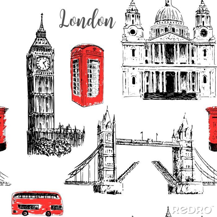 Behang Londen symbolen: St. Paul Cathedral, Big Ben en Tower Bridge. Mooie hand getekende vector schets illustratie.