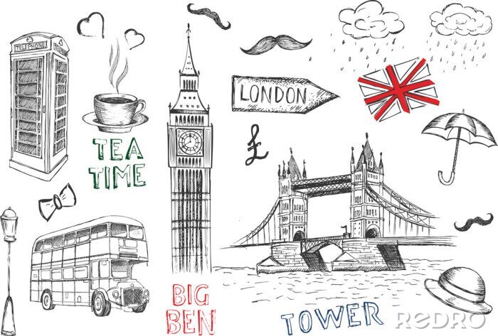 Behang Londen symbolen. Vector hand getrokken illustratie