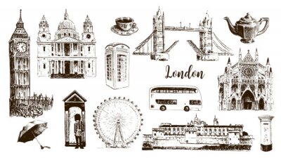 Behang Londense symbolen: Big Ben, Tower Bridge, bus, bewaker, brievenbus, telefooncel. St. Paul Cathedral, thee, paraplu, Westminster.
