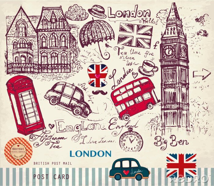 Behang Londense symbolen op een ansichtkaart