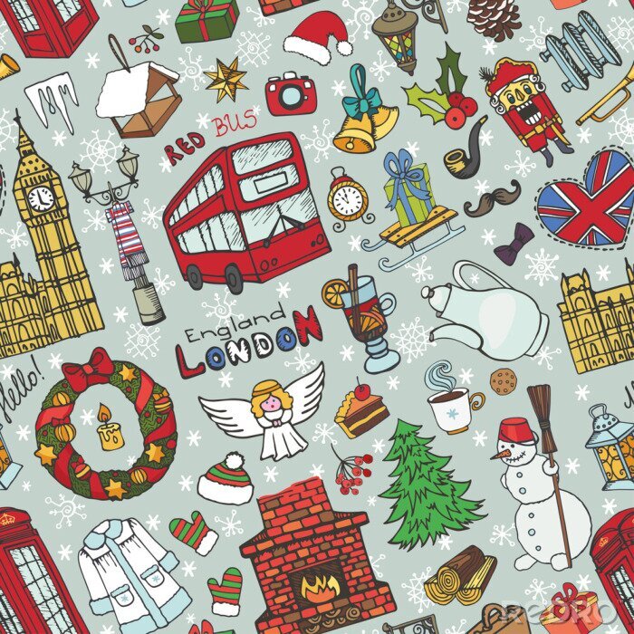Behang London winter naadloze pattern.Christmas Doodles