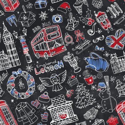 Behang London winter naadloze pattern.Christmas Doodles.Chalk