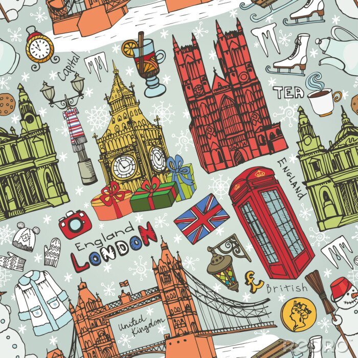 Behang London winter oriëntatiepunten naadloze pattern.Colored Doodles