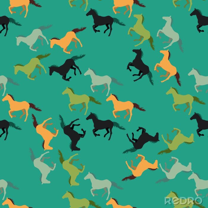 Behang Lopende paarden op een groene achtergrond