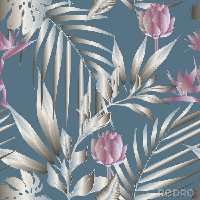 Behang Lotus flowers surrounded by palm leaves seamless pattern. Vector illustration with tropical plants.
