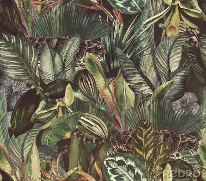 Behang Luipaard tussen tropische planten
