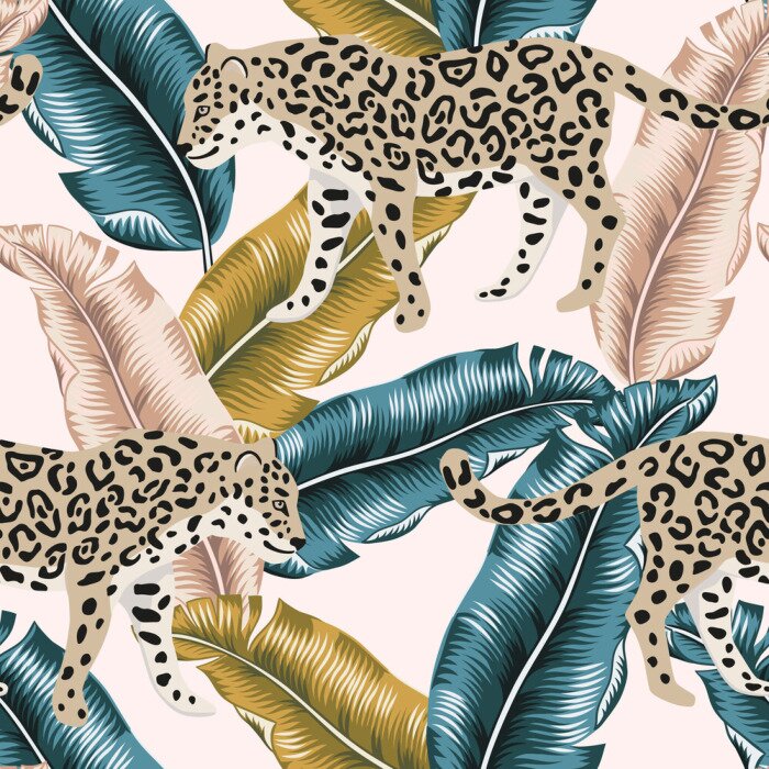 Behang Luipaarden en achtergrond met tropische planten