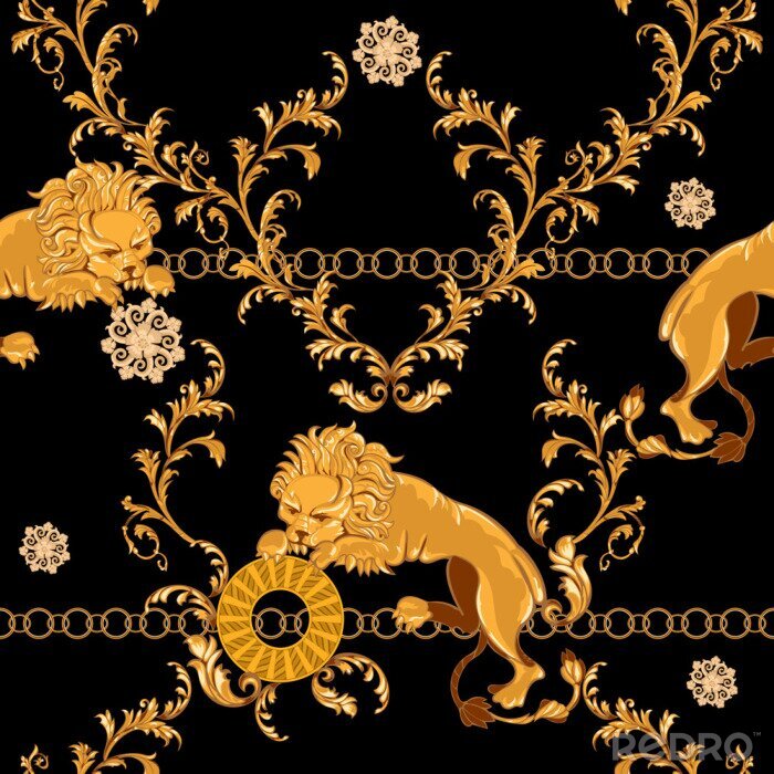 Behang Luxe patroon met leeuwen op een zwarte achtergrond