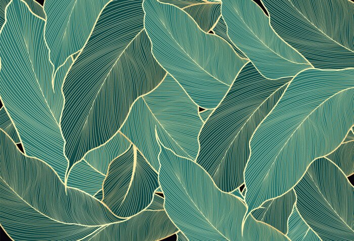 Behang Luxury leaves wallpaper design gold and nature green background vector. Hand drawn linear golden abstract leaves. Vector Illustration