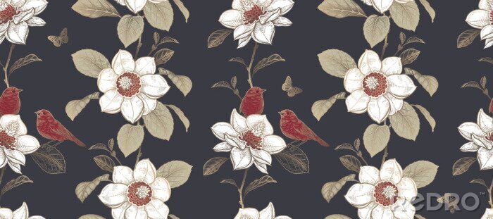 Behang Luxury seamless pattern. Blooming magnolia tree and little cute birds.