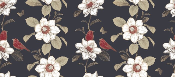 Behang Luxury seamless pattern. Blooming magnolia tree and little cute birds.