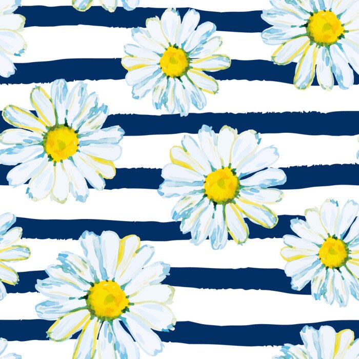 Behang Madeliefjes op de gestreepte nautische achtergrond. Watercolor naadloos patroon met wilde zomerbloemen.