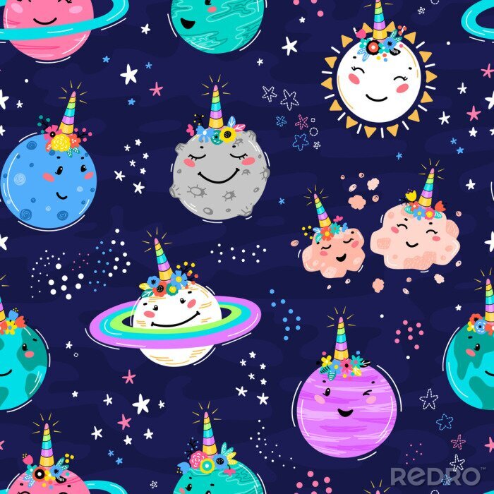 Behang Magic Unicorn Seamless Pattern with Planets, Sun, Meteorite. Cute Planet Smiling Face with Unicorn Horn and Flower Crown. Space Vector Background for Kids t-shirt Print, Nursery Design, Birthday Party